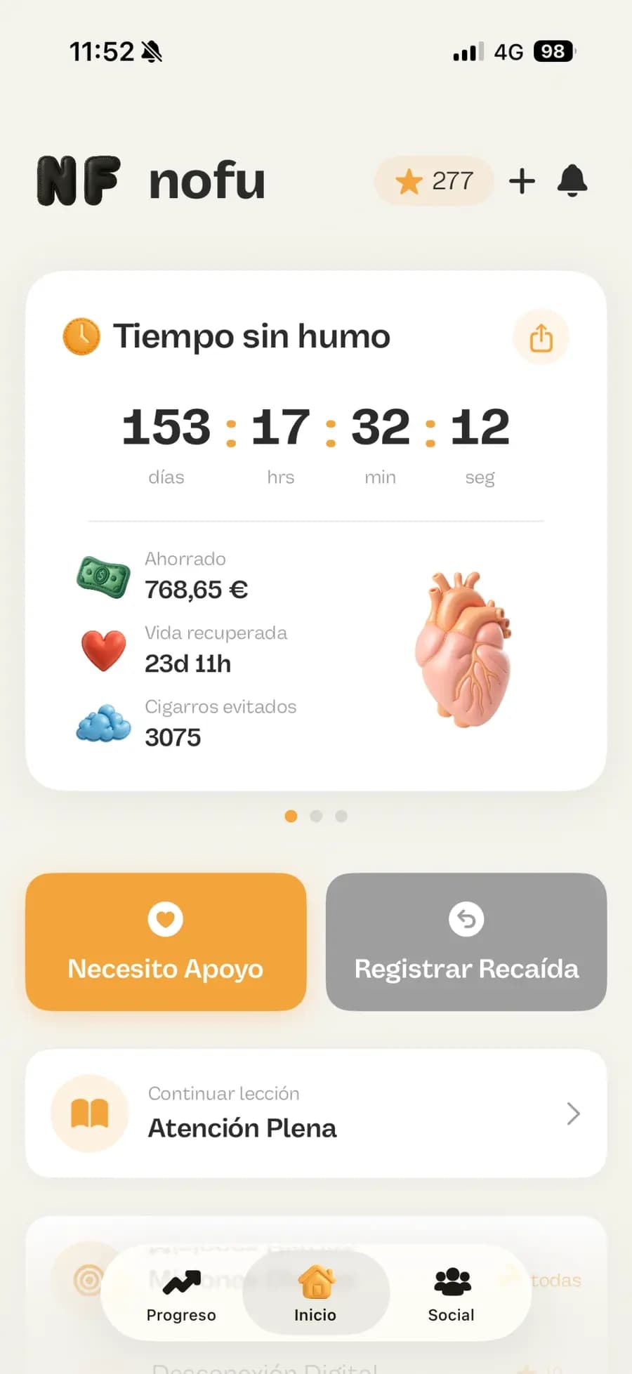 Resumen de progreso de nofu con tiempo sin fumar, ahorro y salud