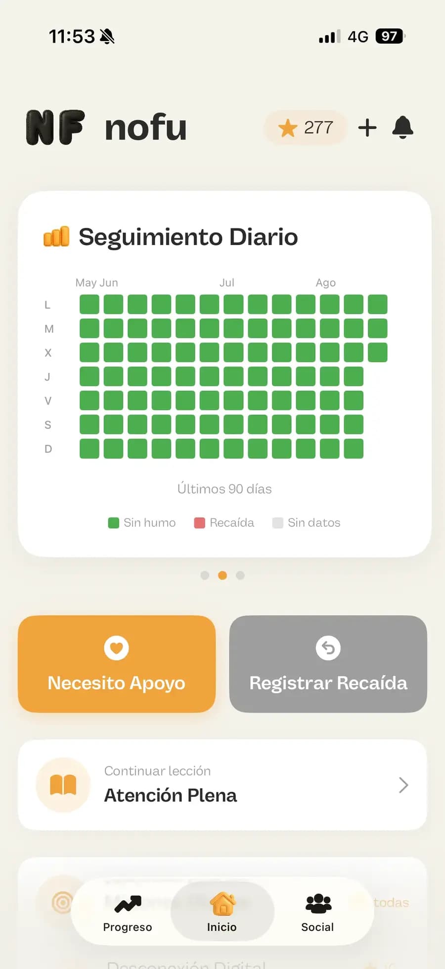 Calendario de seguimiento diario de nofu con días sin fumar