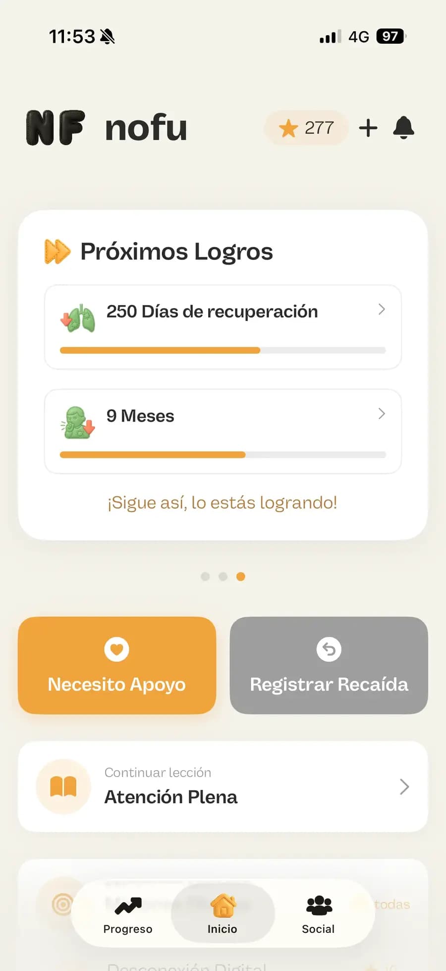 Siguiente logro y objetivos personales en la app nofu